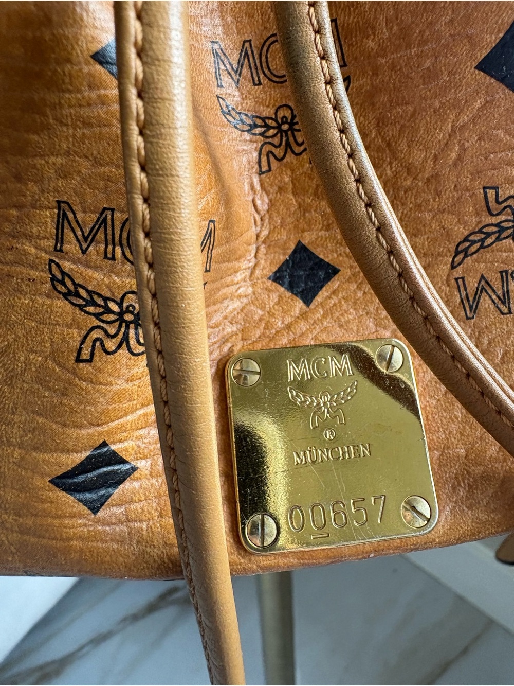 Gorgeous MCM Cognac Visetos Drawstring Shoulder Leather Bag with Gold Hardware - Picture 4 of 13